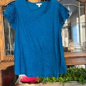 Women's Blue V-Neck Top eyelet butterfly sleeves